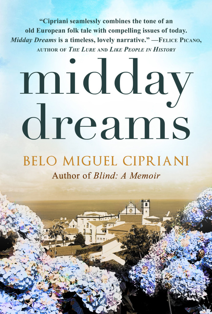 Book cover for Midday Dreams with colorful purple hydrangeas in the foreground and a sepia-toned picture of a town on the Portuguese island of Sao Miguel in the background. 