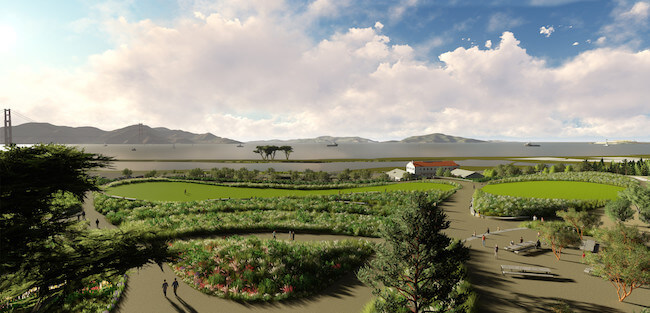 Panoramic view of the park area of The Presidio Tunnel Tops project in San Francisco, CA.