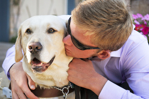 man petting his guide dog