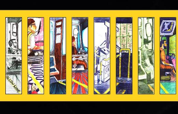 A panel of 8 vertical sketches of Muni operators, side by side, from artist Kurt Schwartzmann's "Yellow Line" art exhibit.