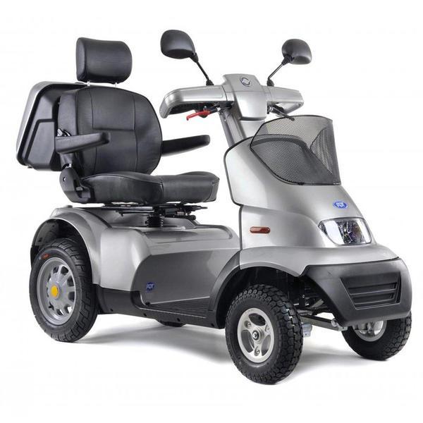 A stock photo of a silver-colored mobility scooter.