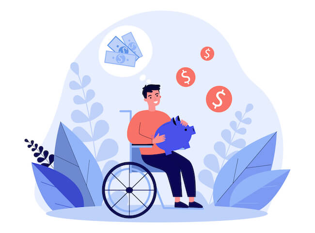 Illustration of a smiling man in a wheelchair holding a piggy bank with a thought bubble about money.