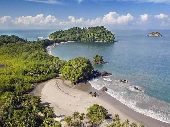An aerial shot of the Costa Rican coastline in Manuel Antonio National Park.